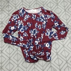 NWOT Daytrip Maroon Floral Knot Scoop Neck Dainty Chic Long Sleeve Crop Blouse